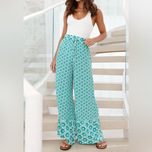 Teal Wide Leg Lightweight Flowy  Pants - Picture 1 of 7